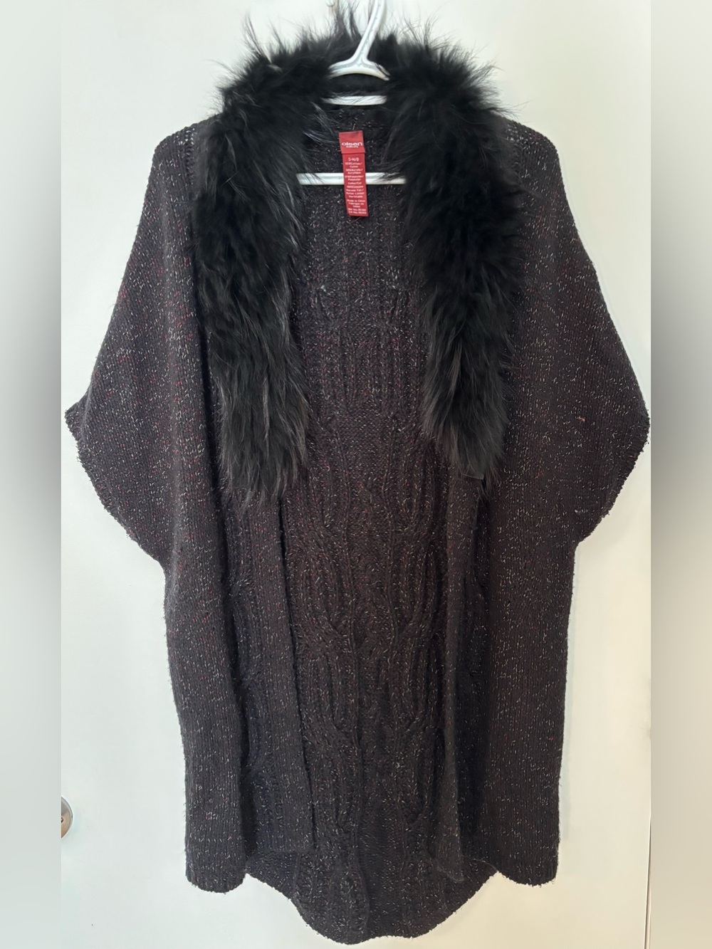 Cable-Knit Open-Front Poncho with Fur Collar - Black - Size 8